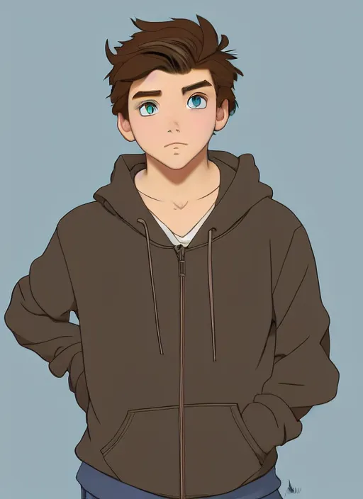 Image similar to teen boy with brown hair and big blue eyes, wearing a hoodie, natural lighting, path traced, highly detailed, high quality, cartoon, digital painting, by don bluth and ross tran and studio ghibli and alphonse mucha