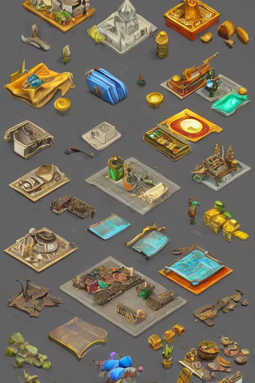 Prompt: different isometric props by the artist Alexey Druzhkov Rendering six different isometric game assets on items, magic, buildings, full of details, by Braydan Barrett and game asset pack , matte painting, , trending on artstation