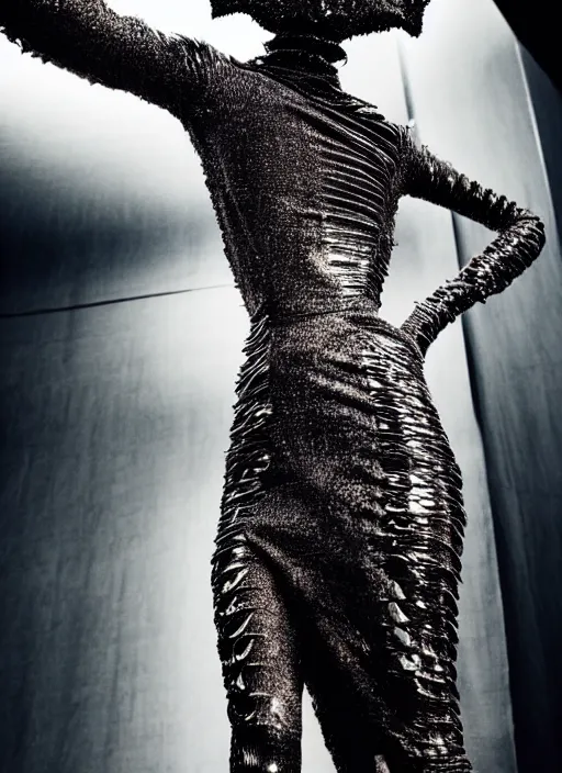 Image similar to walking down the catwalk, steven klein, show, stage, vogue photo, podium, fashion show photo, historical baroque dress dark, iris van herpen, beautiful woman, full body shot, masterpiece, intricate, biopunk, predator, guyver, highly detailed