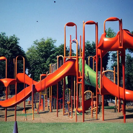 Image similar to full - color 1 9 7 0 s photo of a vast incredibly - large complex very - dense tall many - level playground in a crowded schoolyard. the playground is made of wooden planks, rubber tires, metal bars, and ropes. it has many spiral staircases, high bridges, ramps, balance beams, and metal tunnel - slides.