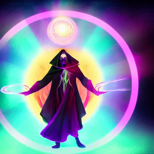 Image similar to a warlock is casting a magic spell, while magic orb is floating in his hand, the magic orb emit a rainbow vapour, dynamic pose, chromatic aberration , medium level shot, Mucha style , Grim fantasy, illustration ,concept art,