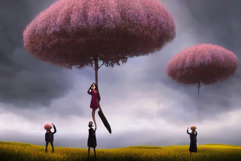 Image similar to giant flower heads, women standing in heather hills, surreal photography, stormy sky, dramatic lighting impressionist painting, digital painting, artstation, rob gonsalves