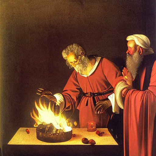 Prompt: Santa pouring burning a Christmas tree Painted by Caravaggio