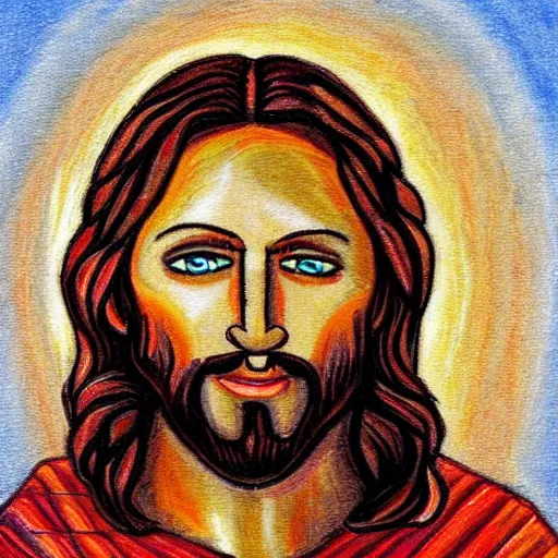 Image similar to photo realistic portrait of jesus eating toast, made with crayons