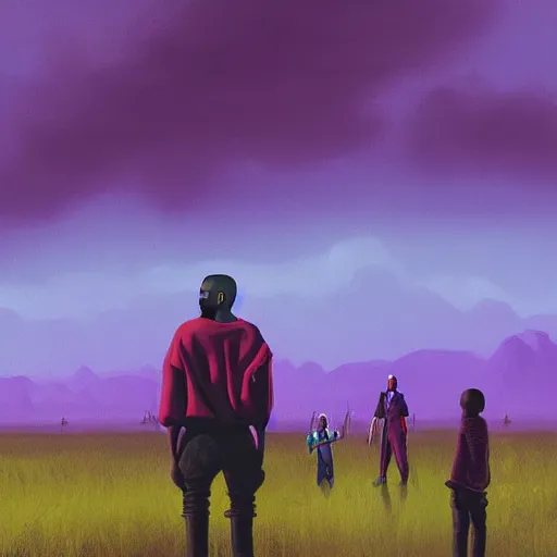 Image similar to A painting of Kanye West and his family looking on at the horizon, afrofuturism, Simon Stalenhag, 8K concept art, purple skies, intricate details, minimal artifacting