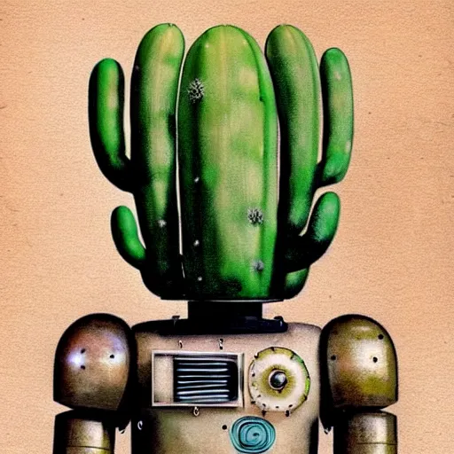 Image similar to medium shot 1950s retro cactus robot, Bionic Arms and eyes. muted colours. by Jean-Baptiste Monge