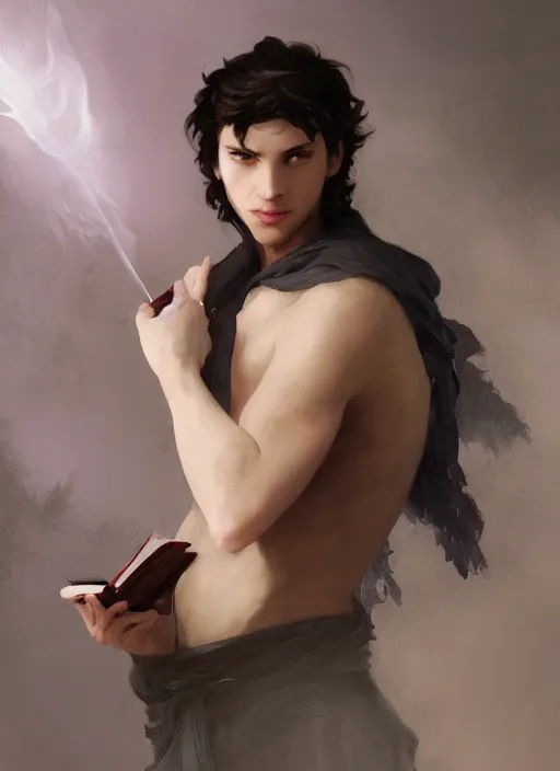 Image similar to character concept portrait of an attractive young seductive Spanish wizard with pale red skin enchanting a arousal spell, a floating iridescent spell book in the center, intricate, elegant, digital painting, concept art, smooth, sharp focus, illustration, from Metal Gear, by Ruan Jia and Mandy Jurgens and William-Adolphe Bouguereau, Artgerm