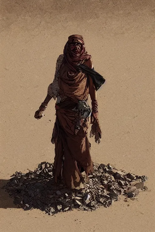 Image similar to a full body portrait of a beautiful post apocalyptic offworld desert bedouin blind beggar by the well, intricate, elegant, highly detailed, digital painting, artstation, concept art, smooth, sharp focus, illustration, art by krenz cushart and artem demura and alphonse mucha