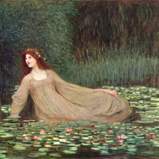 Image similar to ophelia laying partially submerged in water floating down the river amongst the reeds fully covered in robes and lake foliage weeds reeds fully clothed in flowing medieval robes by rosetti and monet, 8 k