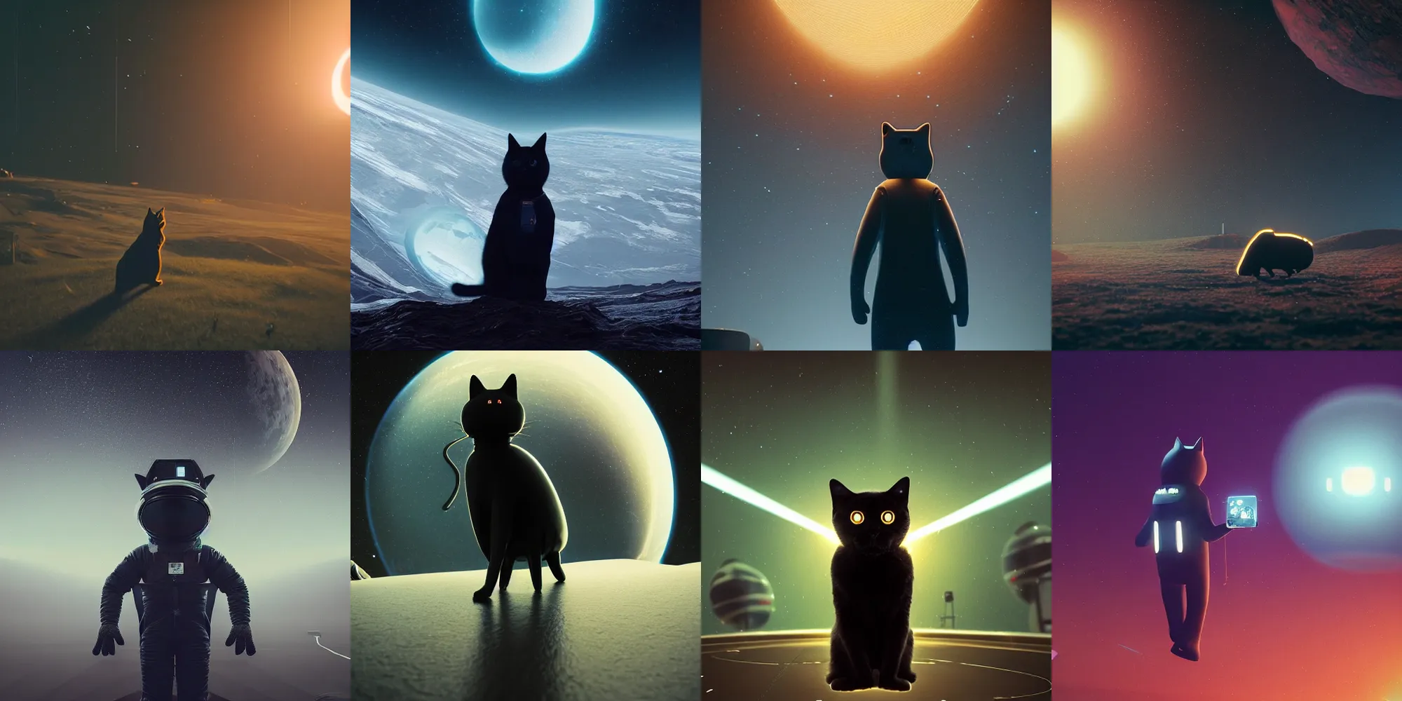 Image similar to beautiful dark landscape, a black cat dressed as an astronaut, in the style of beeple and Mike Winkelmann, intricate, epic lighting, cinematic composition, hyper realistic, 8k resolution, unreal engine 5,