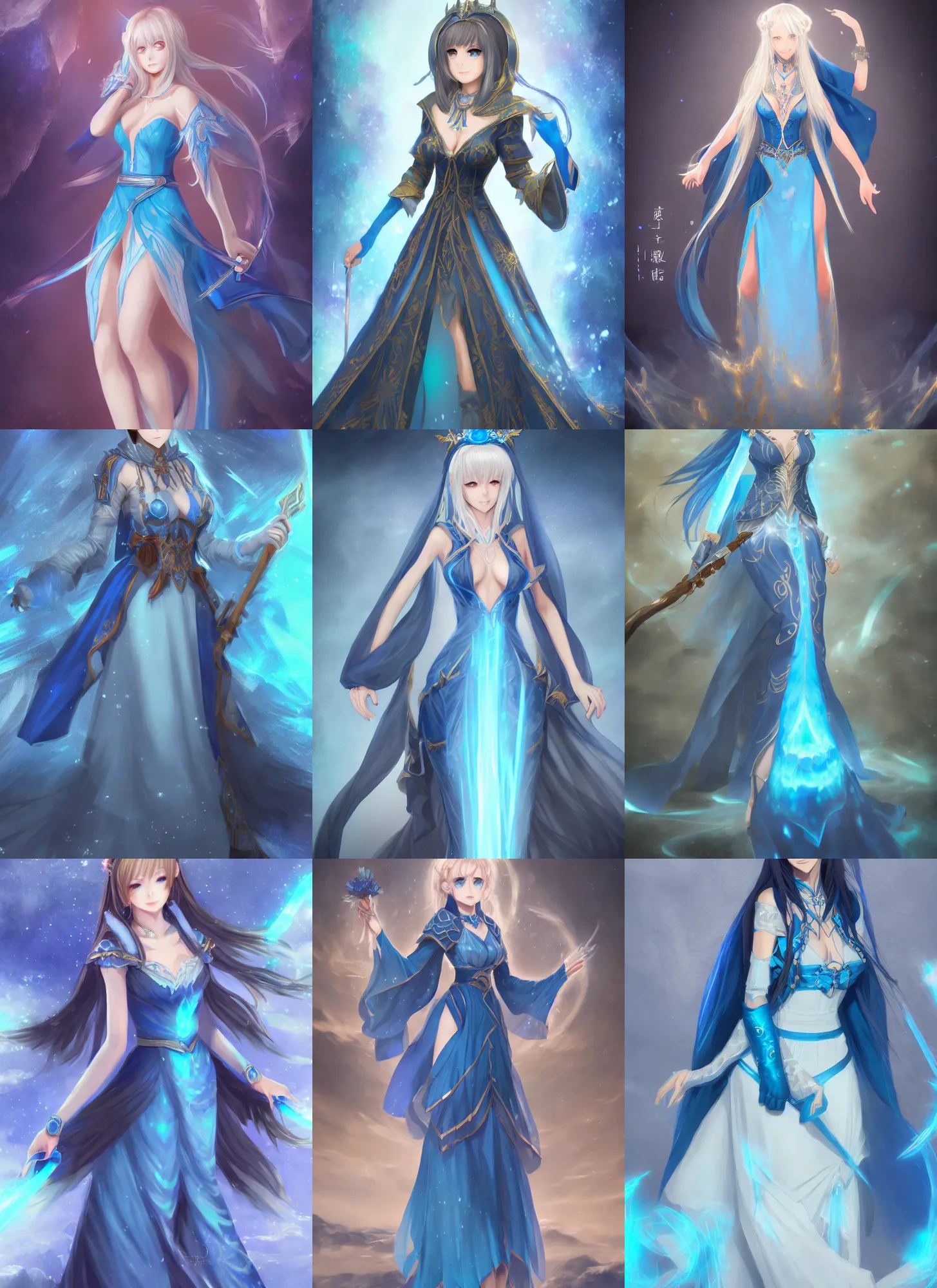 Prompt: detailed, sharp, full body portrait of a fantasy female mage wearing long blue dress using ice flower trending on artstation, anime arts, featured on Pixiv, HD, 8K, highly detailed, good lighting, beautiful, epic, masterpiece