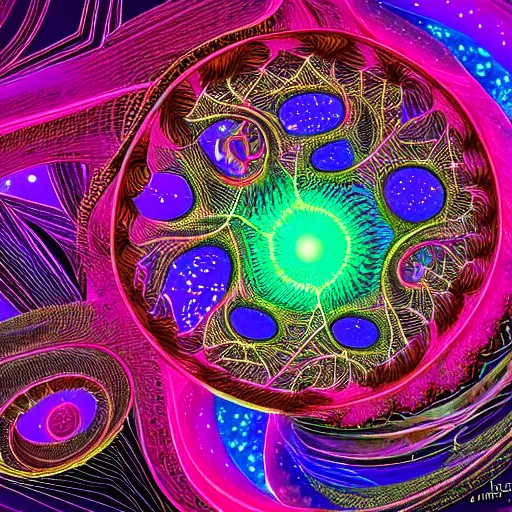 Prompt: highly detailed generative art, irregular fractal of neon octopus, string art by janusz jurek, background outer space nebulas by Pilar Gogar 4k HDR