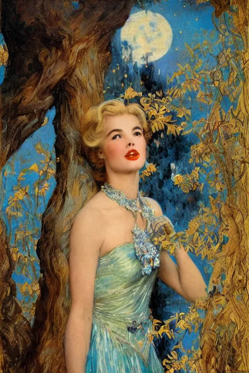 Prompt: A young Grace Kelly explaining the birds and the bees in the style of Gaston Bussière, art nouveau, art deco. Lush detail. Night scene well lit by moonlight. Perfect composition and lighting. Award-winning mixed media photograph f1.8. Surreal architecture from the future. A shaft of light illuminates her.