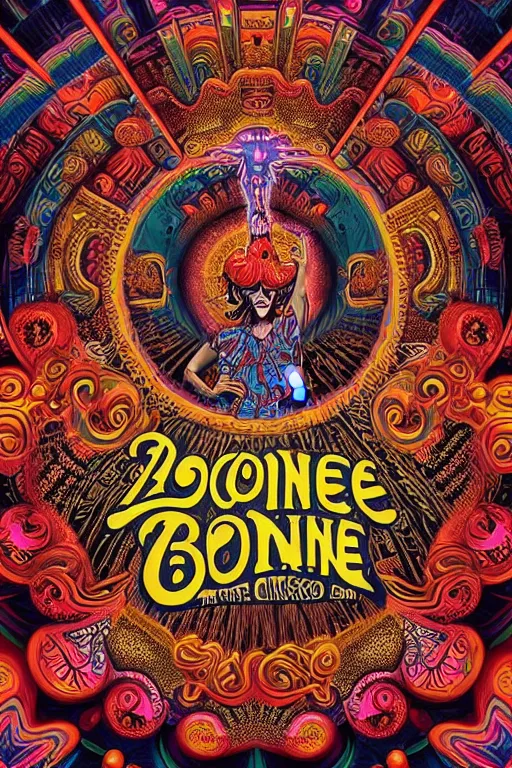 Image similar to Flowing lettering that says The Bozone, Fillmore concert poster for The Bozone by Robert Crumb, by Victor Moscoso, by Laurie Lipton, black light velvet poster, intricate paisley filigree, Bozo the clown. Clown motif, Shiny bulbous red clown nose at the center of an infinite fractal mandala tunnel of clowns, Unreal Engine, Cryengine, Artstation