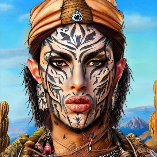 Image similar to a detailed portrait of desert warrior with face tattoos, fantasy art illustration, incredibly highly detailed and realistic, 8 k, sharp focus