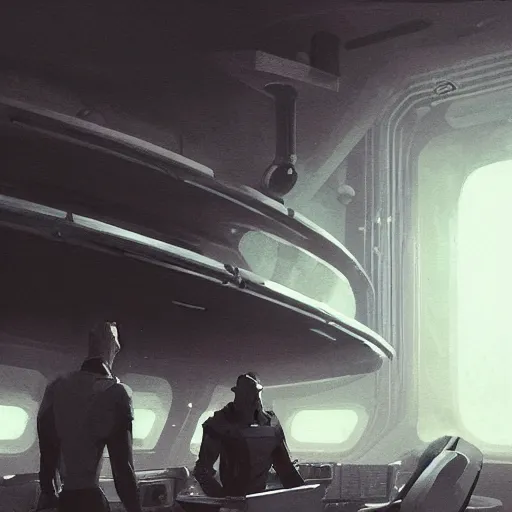 Image similar to concept art by greg rutkowski, a very tall, and slender man with short black hair, sitting with the crew in the ship's flight deck, brutalist futuristic interior, dark lighting atmosphere, detailed portraits, nostalgic atmosphere, scifi, digital painting, artstation, concept art, smooth, sharp foccus ilustration, artstation hq