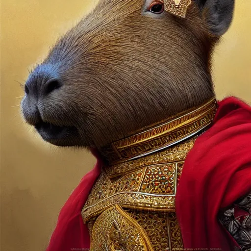 Image similar to detailed photorealistic painting of a capybara wearing a highly detailed ornamented gold crown with diamonds, in a medieval knight armor with red cape , sharp focus in the style of ruan jia, Mandy jurgens, cinematic light, concept art, trending on artstation, ultra realistic