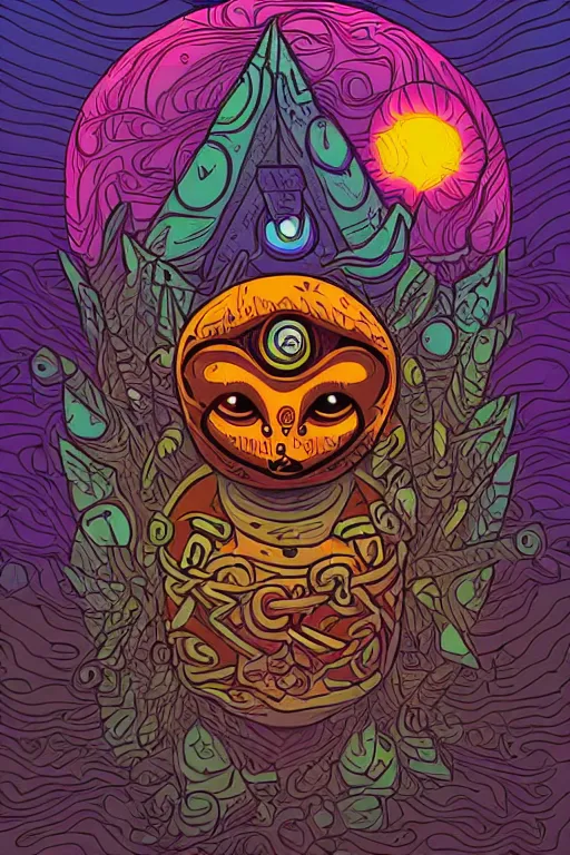 Image similar to knit majora's mask tribal feather gemstone plant wood rock shaman vodoo video game vector illustration vivid color borderlands by josan gonzales and dan mumford radiating a glowing aura