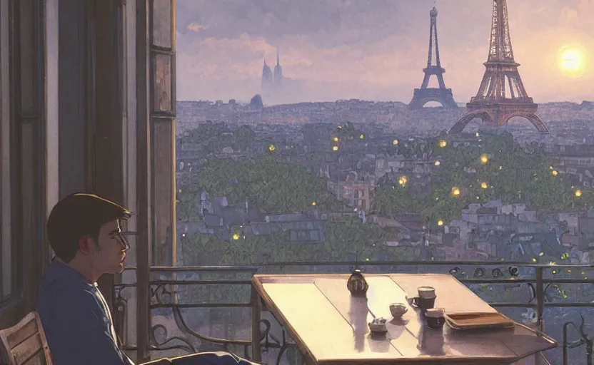 Image similar to elegant man drinking coffee at balcony in france, city with eiffel tower seen behind, moody sunset, late night, detailed characters, by greg rutkowski, alphonse mucha, beeple, sharp focus, digital art, smooth, light refraction, pixiv art, volumetric lighting, makoto shinkai