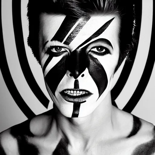 Image similar to black and white photo of david bowie with even pattern yin - yang facepaint face painted into one side white one side black, singing on top of a spaceship