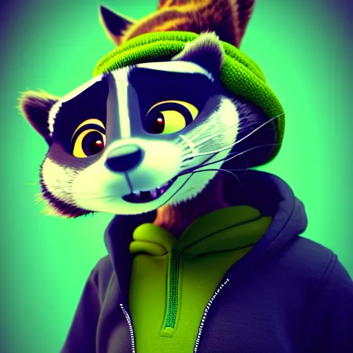 Prompt: a relaxed stoner with a black hoodie on with a marijuana themed dark green raccoon head from zootopia, wearing beanie, smoking, 3 d, blender 3 d, render, extremely detailed, 8 k, detailed fur