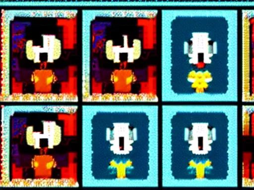 Image similar to screenshot of a 1 9 9 3 1 6 - bit snes mega man game consisting of a grid of 9 framed closeup face portraits of cute evil robots.