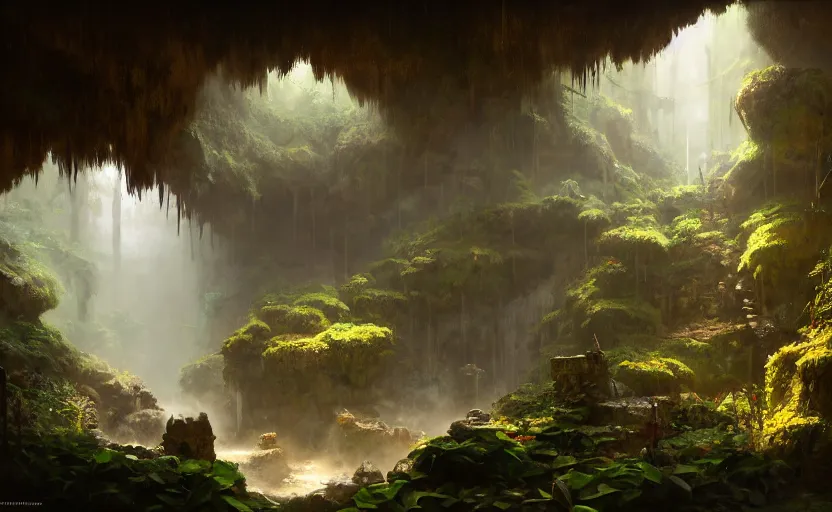 Image similar to painting of an interior of a hidden hotspring in a small cave, fantasy, lush plants and flowers, natural light, concept art, by greg rutkowski and craig mullins, cozy atmospheric and cinematic lighting, trending on artstation