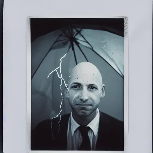 Image similar to old polaroid of a bald guy in the rain while a lighting strike hits his head