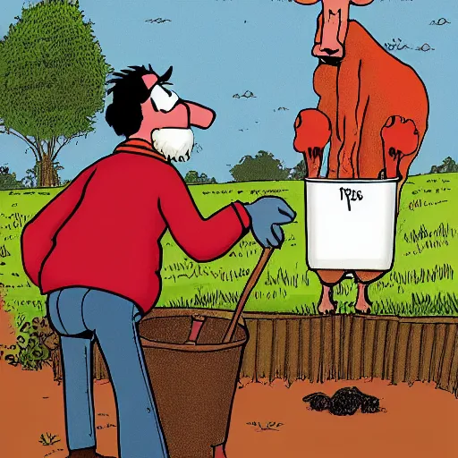 Prompt: a cow points at a bucket, a farmer stands nearby, illustrated by gary larson