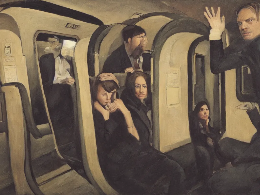 Prompt: an oil painting by Grant Wood, a low angle medium shot of two people sitting in an empty Chicago subway train, in front of windows: a sad Aubrey Plaza wearing a parka and a friendly Mads Mikkelsen in a suit