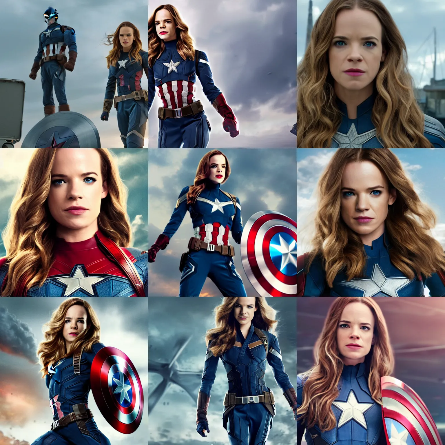 Prompt: Danielle Panabaker as Captain America, promotional film still from The Avengers, 4k, high quality, detailed