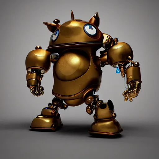 Image similar to a small chubby bot, smooth panelling, one large gold eye intricate detail, style of pokemon, with damaged rusty arms, broken antenna, recycled, floating, white studio, oil, mechanical, toy, ambient light, in the style of pokedstudios, belnder, octane render, 8 k,