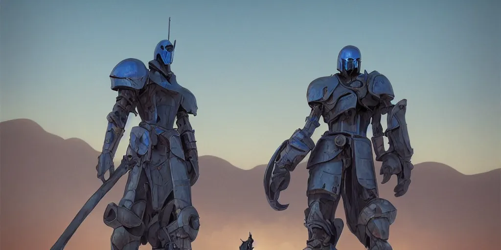 Image similar to blue knight in desert standing next to car, misty blue hour, sci fi digital painting, unreal engine 5, photorealism, hd quality, 8 k resolution, cinema 4 d, 3 d, cinematic, professional photography, art by artgerm and greg rutkowski and alphonse mucha and loish and wlop