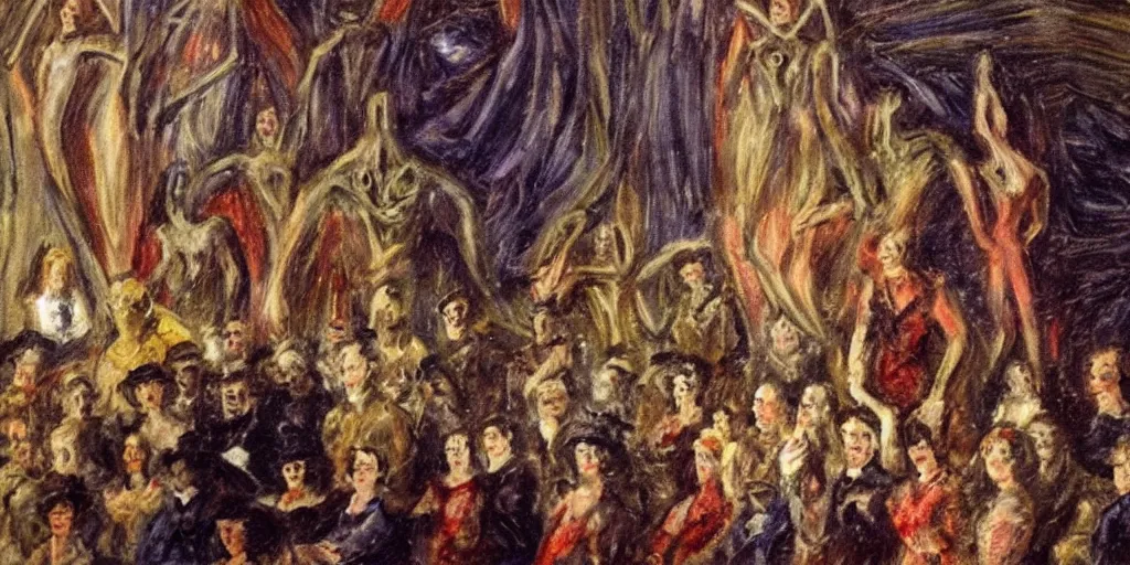 Prompt: a seated audience full of tall terrifying aliens at the ballet. In the victorian era. in the style of an impressionist painting. scary aliens.