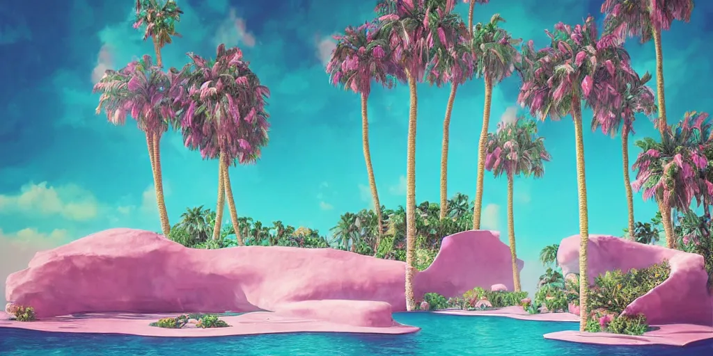 Image similar to artgem and Beeple masterpiece, hyperrealistic surrealism, award winning masterpiece with incredible details, epic stunning, infinity pool, a surreal vaporwave liminal space, highly detailed, trending on ArtStation, calming, meditative, pink arches, palm trees, very vaporwave, very very surreal, sharp details, dreamscape, giant head statue ruins