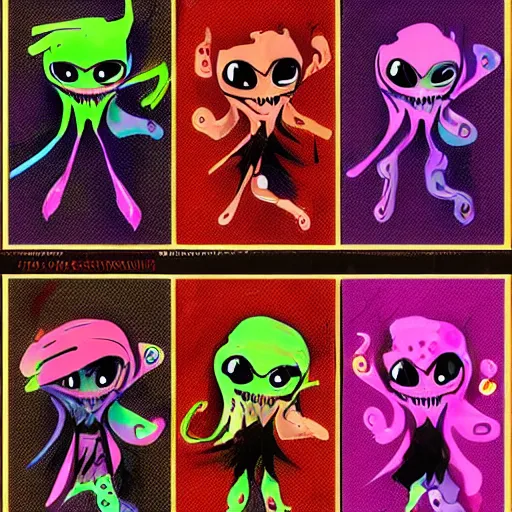 Image similar to character design sheets for a new sinister vampire squid character, artwork in the style of splatoon from nintendo, art by tim schafer from double fine studios, black light, neon, spray paint, punk outfit, tall thin toothpick like frame adult character, fully clothed, gothic, color explosion, colorful, gothic rainbow, sparkles and glitter, pop art