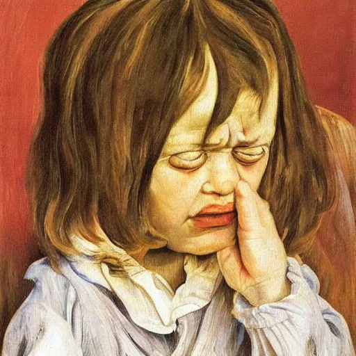 Image similar to Oil painting Portrait of a crying child, by Lucian Freud, Abstract brush strokes, Masterpiece