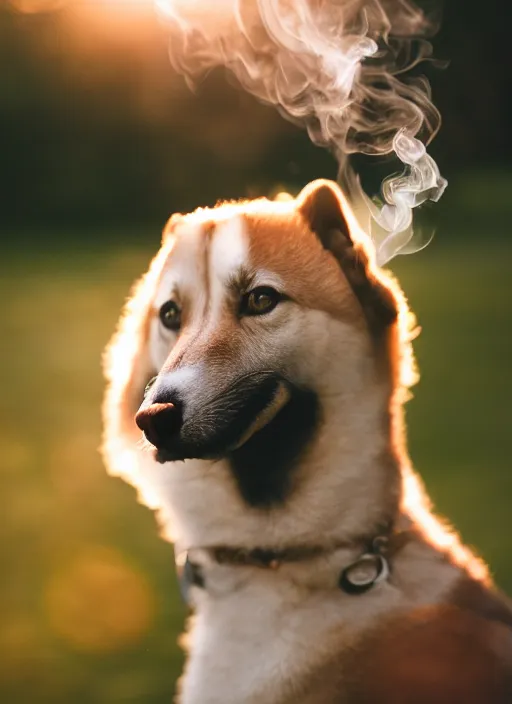 Prompt: photo of Shibu Inu smoking, 35mm, f/1.4, Golden Hour light, ,