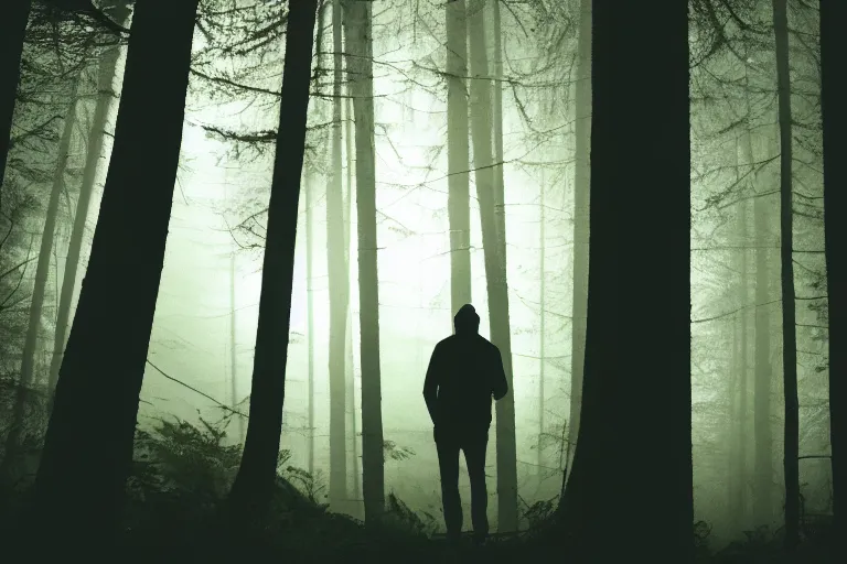 Image similar to a man in the woods with tendrils for limbs, atmospheric lighting, fog, backlight, silhouette, 4 k, haunted