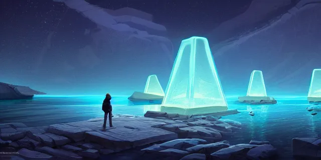 Image similar to beautiful concept art of glowing cubes in the middle of lake baikal, atmospheric lighting, intricate, volumetric lighting, beautiful, sharp focus, ultra detailed, in the art style of marc simonetti and brom gerald, astrophotography