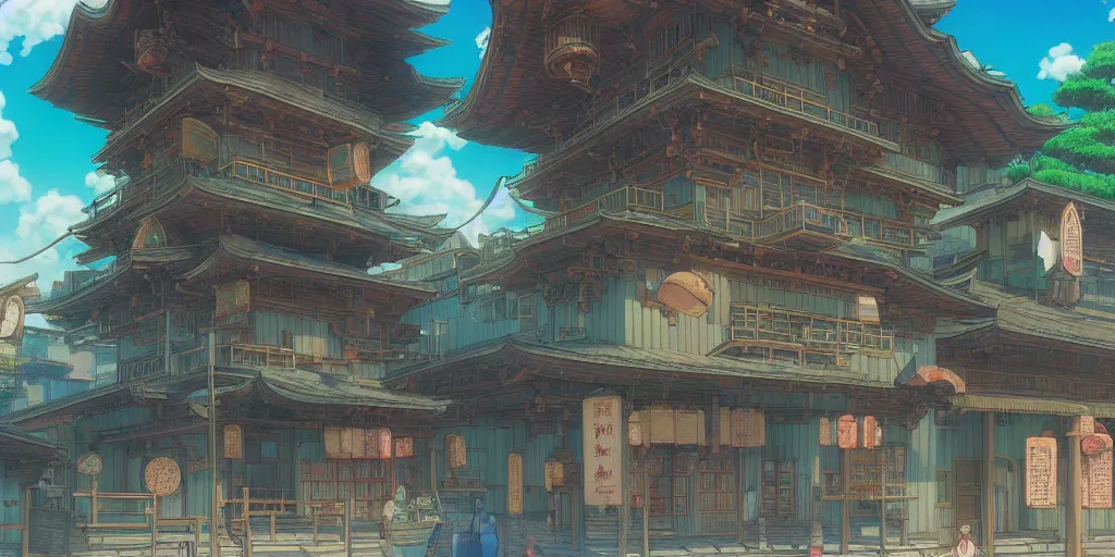 Prompt: bathhouse ( spirited away ), japanese, bright. photorealistic, expansive cinematic view, volumetric shading, intricate and detailed, highly saturated colors. breath of the wild style, by hayao miyazaki ghibli!!!. trending on artstation. award winning