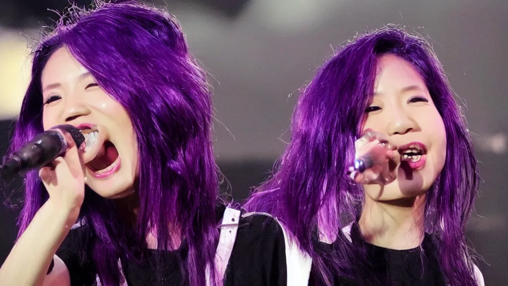 Image similar to “ miriam yeung with purple hair, sing in a concert, highly detailed ”