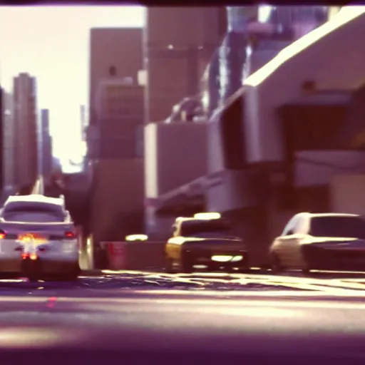 Prompt: film still of 'Los Angeles Robot Future' (2045). Car chase scene. Sigma 85mm f/8