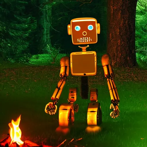 Prompt: translucent robot sitting by a fire in the woods at night, whimsical, award winning photograph, sigma 8 5 mm f / 8, hyper - realistic