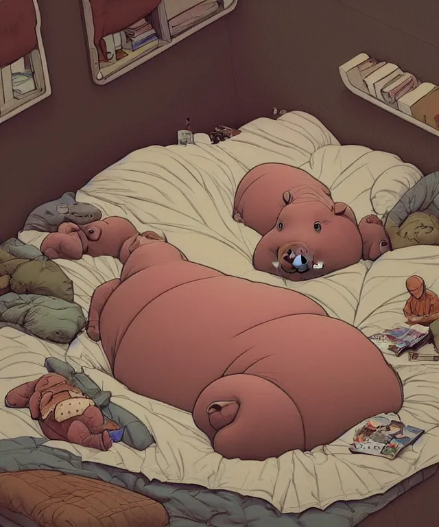 Image similar to hippo lying in bed, half covered blanket, centered composition, digital painting, artstation, concept art, kids book illustration, sharp focus, octane render, illustration, art by geof darrow,