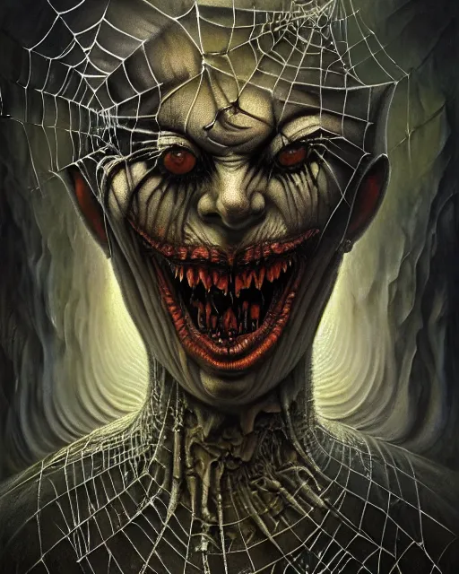 Image similar to giger fractal spider joker by tomasz alen kopera and peter mohrbacher, digital art, trending in artstation, cinematic lighting, studio quality, smooth render, unreal engine 5 rendered, octane rendered, art style by klimt and nixeu and ian sprigger and wlop and krenz cushart.