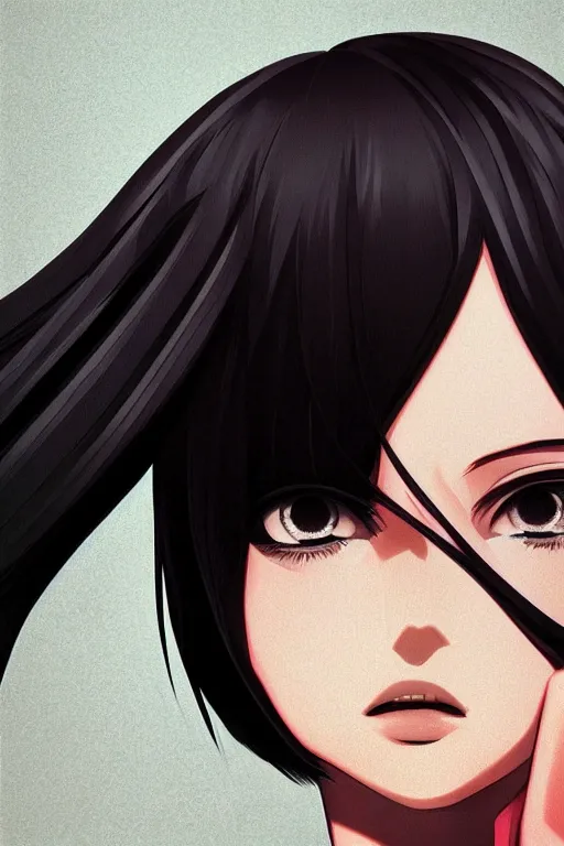 Image similar to medium close-up of a manga girl with a stylish trenchcoat by Ilya Kuvshinov, black medium length Dutch bob cut hair with straight bangs, poster