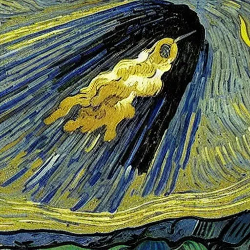 Image similar to a painting of a space ship launching by van gogh