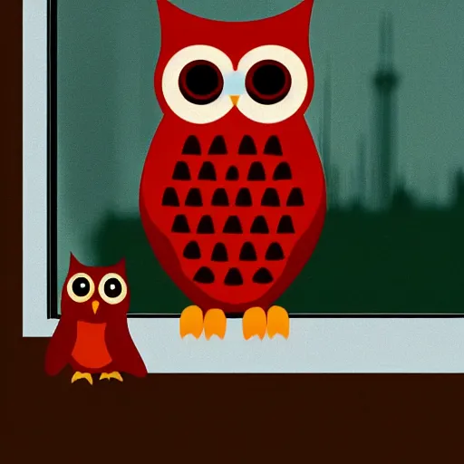 Prompt: duolingo owl outside a window, living room, night, dark, lamp