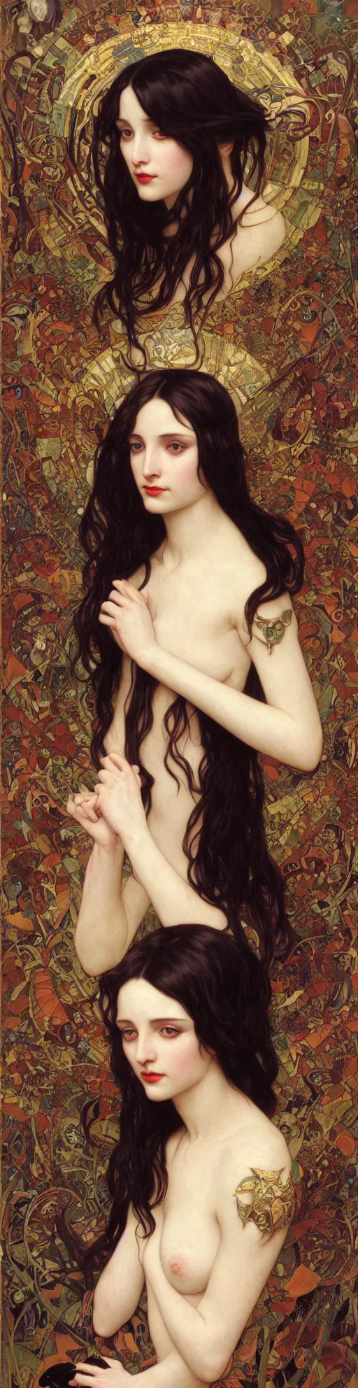 Image similar to masterpiece painting of ephemeral vampire raven haired girl by donato giancola, darius zawadzki and tom bagshaw, face by artgerm and edmund leighton, alphonse mucha, background by james jean and gustav klimt, 8 k, horror, dark color palette, volumetric lighting, porcelain skin, french nouveau, trending on pixiv